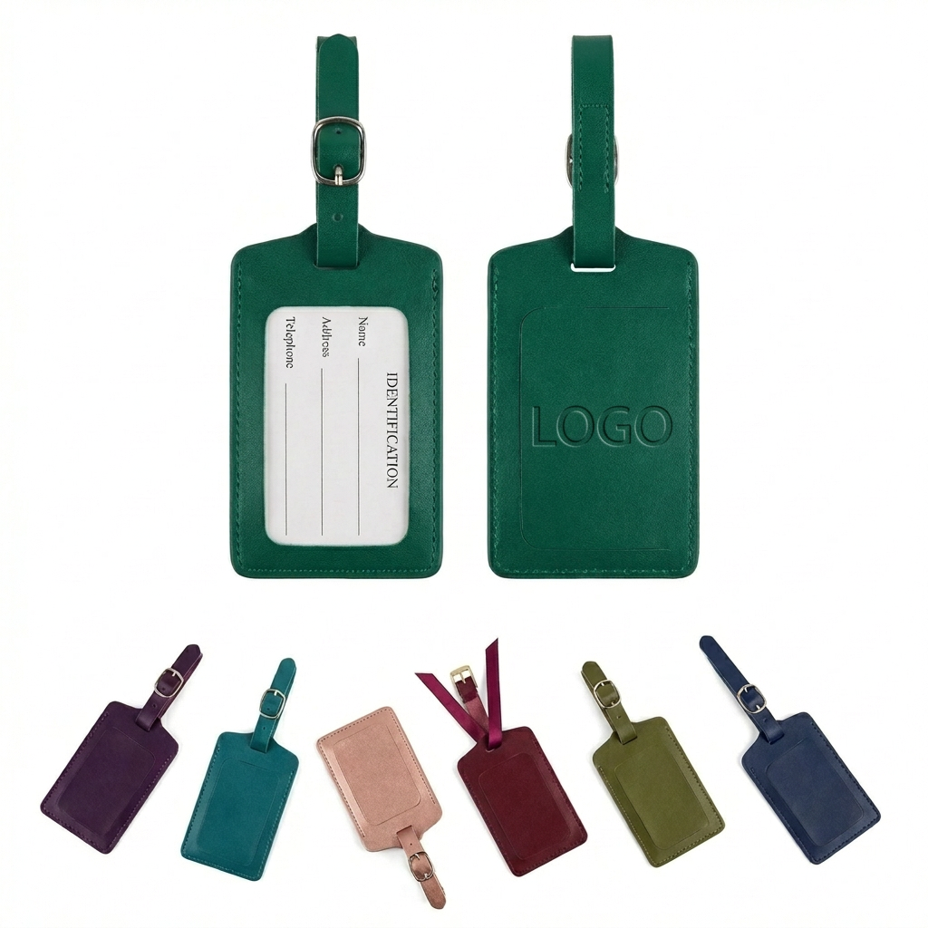 Durable PU Leather Luggage Tag with Flip ID Window and Adjustable Strap
