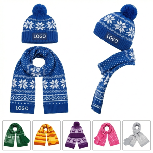 Winter Knit Hat and Scarf Set in Blue & White